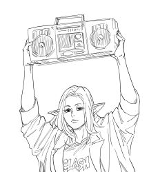 Rule 34 | 1girl, bb (baalbuddy), boombox, clothes writing, coat, elf, female focus, genderswap, genderswap (mtf), greyscale, highres, long hair, monochrome, original, parody, pointy ears, say anything, shirt, simple background, solo, staring, t-shirt, the clash, trench coat, white background
