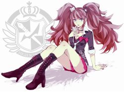 Rule 34 | 10s, 1girl, blue eyes, boots, bow, breasts, cleavage, cross-laced footwear, danganronpa: trigger happy havoc, danganronpa (series), emblem, enoshima junko, full body, hair bow, hair ornament, high heel boots, high heels, knee boots, lace-up boots, long hair, medium breasts, nail polish, necktie, pink hair, ria (akl14), school uniform, skirt, sleeves rolled up, solo, spoilers, twintails, white background