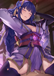 Rule 34 | 1boy, 1girl, arms behind head, arms up, braid, breasts, bridal gauntlets, cleavage, closed eyes, cowgirl position, genshin impact, girl on top, hair ornament, hetero, highres, japanese clothes, kimono, large breasts, long hair, long sleeves, low-braided long hair, low-tied long hair, mole, mole under eye, obi, off shoulder, purple hair, purple kimono, purple thighhighs, raiden shogun, sash, sex, shrug (clothing), sitting, sitting on person, solo focus, straddling, thighhighs, thighs, tsuki tokage, very long hair, vision (genshin impact), wide sleeves