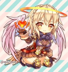 Rule 34 | 1girl, angel wings, armband, armor, bad id, bad pixiv id, black gloves, black thighhighs, blonde hair, blush, braid, breasts, brown eyes, brown skirt, center frills, closed mouth, commentary request, diagonal stripes, elbow gloves, feathered wings, fire, frills, full body, gloves, hair between eyes, halo, head tilt, heart, long hair, looking at viewer, mashiro miru, medium breasts, pink wings, pleated skirt, purple shirt, puzzle &amp; dragons, rozuel (p&amp;d), seiza, shirt, sitting, skirt, smile, solo, striped, striped background, thighhighs, twin braids, twitter username, wings