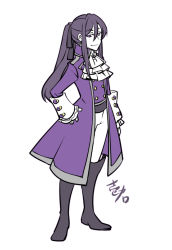 Rule 34 | 1boy, ascot, black footwear, boots, evillious nendaiki, formal, frilled sleeves, frills, hair ribbon, half-closed eyes, hand on own hip, ichi ka, jacket, long hair, looking to the side, male focus, pants, ponytail, purple eyes, purple jacket, purple suit, ribbon, sateriasis venomania, signature, smile, solo, suit, thigh boots, thighhighs, white pants