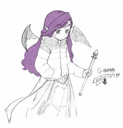 Rule 34 | blush, hand in pocket, league of legends, long hair, morgana (league of legends), purple hair, raurika, simple background, staff, very long hair, weapon, wings