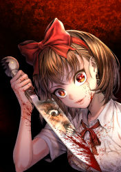 Rule 34 | 1girl, blood, blood on clothes, blood on face, blood on hands, bloody knife, blouse, bow, breast pocket, brown eyes, brown hair, collared shirt, commentary, commentary request, earrings, eyebrows hidden by hair, head tilt, highres, jewelry, kirino naoko, knife, looking at viewer, pocket, pumpkin night, red background, reflection, shirt, short hair, single earring, solo focus, taniguchi seima, white shirt