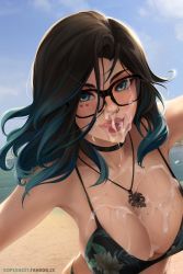 Rule 34 | 1girl, absurdres, artist name, beach, bikini, black-framed eyewear, black bikini, black choker, black hair, blue hair, breasts, choker, cleavage, cum, cum on body, cum on breasts, cum on eyewear, cum on upper body, day, eyeshadow, facial, female focus, glasses, gradient hair, highres, jewelry, kopianget, large breasts, lips, looking at viewer, makeup, medium hair, mole, mole on breast, multicolored hair, necklace, nose, open mouth, original, outdoors, outstretched arms, sand, shelby seraphine, solo, swimsuit, tongue, tongue out, two-tone hair, watermark, web address, wind