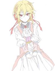 Rule 34 | 1boy, androgynous, ascot, blonde hair, bow, cardigan, closed mouth, collared shirt, dress, ensemble stars!, expressionless, gloves, hair bow, highres, kes 0210, male focus, multiple hair bows, nito nazuna, pink cardigan, red bow, red eyes, shirt, sketch, solo, white ascot, white background, white dress, white gloves
