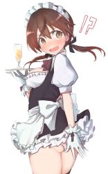 Rule 34 | !?, 1girl, apron, bad id, bad twitter id, black legwear, blush, brown eyes, brown hair, cocktail, cocktail glass, commentary request, cowboy shot, cup, drinking glass, emirio (emirio110), gertrud barkhorn, gloves, hair ribbon, highres, maid, maid headdress, open mouth, panties, plate, ribbon, solo, strike witches, twintails, underwear, white gloves, white panties, world witches series