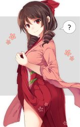 Rule 34 | 10s, 1girl, ?, bad id, bad pixiv id, blush, bow, brown hair, cherry blossoms, commentary request, cowboy shot, drill hair, hair bow, hakama, hakama skirt, harukaze (kancolle), japanese clothes, kantai collection, kimono, long hair, looking at viewer, meiji schoolgirl uniform, pink kimono, red bow, red eyes, red hakama, sameya, skirt, smile, solo, speech bubble, spoken question mark, thighs, twin drills, two-tone background
