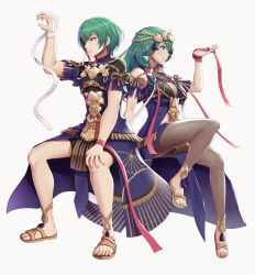 Rule 34 | 1boy, 1girl, braid, breasts, byleth (female) (fire emblem), byleth (fire emblem), byleth (male) (fire emblem), cleavage, cosplay, dual persona, fire emblem, fire emblem: three houses, gonzarez, green eyes, green hair, highres, looking to the side, nintendo, pantyhose, ribbon, sandals, simple background, sothis (fire emblem), sothis (fire emblem) (cosplay), tiara, twin braids, white background