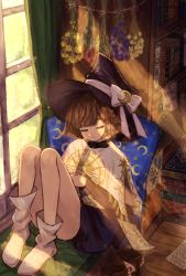 Rule 34 | 1girl, absurdres, bad id, bad pixiv id, book, bookshelf, brown hair, commentary, flower, hat, highres, indoors, legs up, medium hair, original, pillow, saigasai, shoes, unworn shoes, short hair, sitting, sleeping, socks, solo, white socks, window, witch, witch hat
