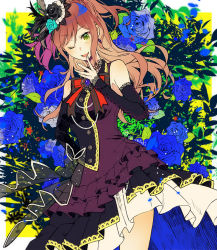 Rule 34 | 1girl, ;d, aqua flower, bad id, bad pixiv id, bang dream!, black feathers, black flower, blue flower, blue rose, brooch, brown hair, choker, detached sleeves, dress, earrings, feather hair ornament, feathers, floral background, flower, gem, grey feathers, hair flower, hair ornament, half updo, hand on own hip, hand to own mouth, imai lisa, jewelry, lace, lace-trimmed sleeves, lace choker, lace trim, long hair, looking at viewer, neck ribbon, one eye closed, open mouth, pearl (gemstone), purple feathers, red ribbon, ribbon, rose, shino yuki, smile, solo, twitter username