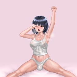 Rule 34 | 1girl, absurdres, arm up, armpits, artist request, black hair, breasts, bulge, futanari, highres, large breasts, large testicles, smell, spread legs, sweat, testicles, toned, yawning