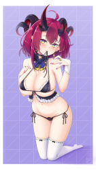 Rule 34 | 1girl, ahoge, armpits, bare shoulders, bikini, black bikini, black choker, blush, breasts, choker, cleavage, closed mouth, commentary, covered erect nipples, curled horns, demon horns, full body, groin, hair between eyes, highres, horns, kneeling, large breasts, long hair, looking at viewer, magrona, magrona channel, micro bikini, nail polish, navel, osafune kairi, purple background, red hair, red nails, signature, simple background, skindentation, solo, string in mouth, swimsuit, thighhighs, very long hair, virtual youtuber, white thighhighs, yellow eyes
