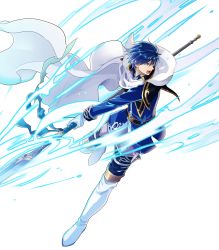 Rule 34 | 1boy, aura, belt, blue eyes, blue hair, boots, cape, finn (fire emblem), fire emblem, fire emblem: genealogy of the holy war, fire emblem: thracia 776, full body, gloves, highres, itagaki hako, male focus, nintendo, official art, open mouth, polearm, solo, spear, teeth, transparent background, weapon