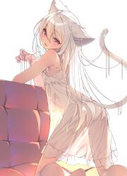 Rule 34 | 1girl, animal ear fluff, animal ears, blush, breasts, cat ears, cat girl, cat tail, crotch seam, dress, fang, highres, long hair, looking at viewer, open mouth, original, panties, red eyes, see-through, see-through dress, shiro youduki, simple background, skin fang, sleeveless, sleeveless dress, small breasts, smile, solo, tail, turning head, underwear, white background, white dress, white panties