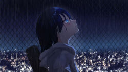 Rule 34 | 1girl, absurdres, blue eyes, blue hair, chain-link fence, crying, crying with eyes open, dark blue hair, drawstring, earrings, fence, from side, grey hoodie, highres, hood, hood down, hoodie, instrument case, jewelry, looking up, minazumi souka, night, original, parted lips, rain, solo, tears, twitter username, wet