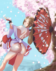 Rule 34 | 1girl, absurdres, ass, breasts, brown hair, fatal fury, highres, large breasts, looking at viewer, looking back, ponytail, sakura petals, shiranui mai, solo, tree