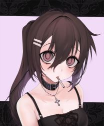 Rule 34 | 1girl, bare shoulders, black collar, black ribbon, breasts, brown eyes, brown hair, cigarette, cleavage, collar, collarbone, commentary request, cross, cross necklace, hair between eyes, hair ornament, hairclip, highres, jewelry, long hair, looking at viewer, medium breasts, minakami yuki, necklace, ompf, pink eyes, ponytail, ribbon, solo, subarashiki hibi, upper body
