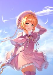 Rule 34 | 1girl, :d, antenna hair, bad id, bad pixiv id, blonde hair, blue sky, capelet, cardcaptor sakura, cloud, cowboy shot, day, dress, feathers, gloves, green eyes, hair intakes, hand on headwear, hat, hat ribbon, highres, holding, holding staff, kinomoto sakura, layered dress, muryou myakudou, open mouth, pink capelet, pink dress, pink hat, ribbon, short dress, short hair, sky, smile, solo, staff, standing, white feathers, white gloves