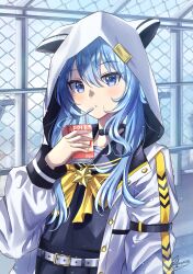 Rule 34 | 1girl, blue eyes, blue hair, bow, bowtie, highres, hololive, hood, hoshimachi suisei, juice box, long sleeves, looking at viewer, redpepperoni00, solo, virtual youtuber