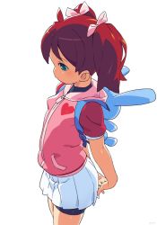 Rule 34 | 1girl, arms behind back, backpack, bag, bike shorts, breasts, brown hair, child, cowboy shot, from side, green eyes, jacket, long hair, miniskirt, om (nk2007), pink jacket, ribbon, saru getchu, sayaka (saru getchu), shorts, shorts under skirt, simple background, skirt, small breasts, solo, twintails, upper body, white background, white skirt