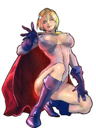 Rule 34 | 1girl, animification, areola slip, blonde hair, blue footwear, boots, breasts, cape, cleavage cutout, clothing cutout, covered erect nipples, dc comics, gloves, katou teppei, kryptonian, large breasts, leotard, navel, one eye closed, power girl, short hair, skin tight, solo, squatting, superman (series), waving, wink