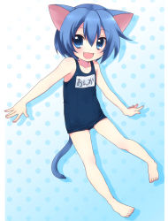 Rule 34 | :3, absurdres, animal ears, bad id, bad pixiv id, barefoot, blue eyes, blue hair, cat ears, cat tail, child, fang, feet, highres, one-piece swimsuit, onka, original, school swimsuit, short hair, solo, swimsuit, tail, usashiro mani
