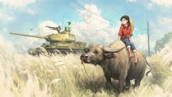 Rule 34 | 1boy, 1girl, barefoot, bird, blue eyes, braid, brown hair, carabao, chinese commentary, chinese new year, chinese zodiac, cloud, dshk, goose, gun, hat, heavy machine gun, helmet, highres, looking to the side, machine gun, military, military uniform, military vehicle, motor vehicle, original, outdoors, pants, pants rolled up, people&#039;s liberation army, power lines, riding, sitting, sky, soldier, straw hat, t-34, t-34-85, tank, tank helmet, tanto (tc1995), tree, twin braids, uniform, water buffalo, weapon, wheat, wheat field, world war ii, year of the ox