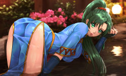 Rule 34 | 1girl, all fours, artist name, ass, blue dress, blurry, blurry background, breasts, dress, esther shen, fire emblem, fire emblem: the blazing blade, flower, from behind, green eyes, green hair, lips, long hair, looking at viewer, looking back, lyn (fire emblem), medium breasts, nintendo, partially submerged, pelvic curtain, ponytail, side slit, signature, solo, thighs, water, wet, wet clothes