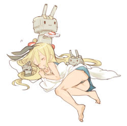 Rule 34 | 10s, 1girl, ass, bad id, bad pixiv id, bare legs, bare shoulders, black panties, blanket, blonde hair, blue skirt, blush, bow, cannon, closed eyes, fetal position, folded clothes, from behind, full body, hair bow, innertube, jun (spitfire), kantai collection, long hair, lowres, lying, machinery, miniskirt, on side, panties, pantyshot, parted lips, rensouhou-chan, robot, shimakaze (kancolle), simple background, skirt, sleeping, solo, swim ring, turret, underwear, upskirt, white background