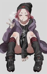Rule 34 | 1girl, beanie, black footwear, black hat, black shirt, cigarette, full body, grey background, half-closed eyes, hat, highres, jacket, jewelry, leg warmers, lock, long sleeves, looking at viewer, mouth hold, multiple rings, necklace, original, purple jacket, red eyes, red hair, ring, shirt, shoes, simple background, sitting, smoke, smoking, sneakers, socks, solo, striped clothes, striped socks, tabao, w