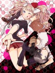 Rule 34 | 2girls, aiming, aiming at viewer, black hair, blood, blood splatter, blush, boots, bow, breasts, brown skirt, rabbit hair ornament, calf boots, calf socks, collared shirt, danganronpa: trigger happy havoc, danganronpa (series), enoshima junko, fake nails, full body, grey eyes, gun, hair bow, hair ornament, hand on own hip, handgun, holding, holding knife, holding weapon, ikusaba mukuro, knife, large breasts, leather, leather boots, long hair, medium breasts, medium hair, multiple girls, nail polish, necktie, neckwear request, pink blood, pistol, plaid, plaid skirt, pleated skirt, pointing, pointing at viewer, purple eyes, red background, red nails, red skirt, shirt, siblings, simple background, sisters, skirt, tongue, tongue out, twins, twintails, weapon, white background, white neckwear, white shirt, yin yang
