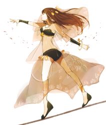 Rule 34 | 1girl, bracelet, brown hair, closed eyes, dancer, dancing, dress, hair ornament, harem outfit, jewelry, long hair, original, outstretched arm, petals, revealing clothes, see-through, simple background, solo, swimsuit, walking, white background, xxxceller