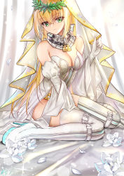 Rule 34 | 1girl, absurdres, ahoge, arisu (wangyunqiu), bare shoulders, belt, blonde hair, blush, boots, breasts, bridal veil, chain, cleavage, closed mouth, detached sleeves, fate/extra, fate/extra ccc, fate/grand order, fate (series), full-length zipper, green eyes, hair intakes, head wreath, high heel boots, high heels, highleg, highleg leotard, highres, large breasts, leotard, lock, long hair, looking at viewer, loose belt, nero claudius (bride) (fate), nero claudius (bride) (third ascension) (fate), nero claudius (fate), nero claudius (fate) (all), padlock, petals, puffy detached sleeves, puffy sleeves, sitting, smile, veil, wariza, white footwear, white leotard, white sleeves, wide sleeves, zipper, zipper pull tab