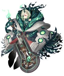 Rule 34 | 1girl, bare shoulders, dark persona, empty eyes, expressionless, eyepatch, full body, green hair, half-nightmare, holding, holding sword, holding weapon, horns, ji no, little match girl (sinoalice), looking at viewer, official art, oversized clothes, pale skin, red eyes, scarf, single horn, sinoalice, solo, sword, transparent background, weapon