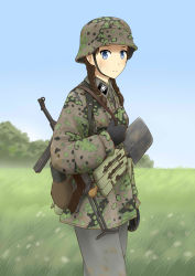 Rule 34 | 1girl, absurdres, black gloves, blue eyes, braid, brown hair, camouflage, camouflage headwear, camouflage jacket, canteen, chin strap, combat helmet, commentary, day, dirty, dirty clothes, entrenching tool, field, frown, gloves, grass, gun, gun sling, helmet, highres, historical event, jacket, load bearing equipment, logo, long hair, long sleeves, looking at viewer, looking to the side, mardjan, military, military uniform, mp 40, nazi, original, schutzstaffel, shovel, sky, soldier, solo, stahlhelm, submachine gun, tree, twin braids, ukraine, uniform, waffen-ss, weapon, worktool, world war ii