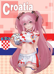 Rule 34 | 1girl, 2022 fifa world cup, al rihla, alternate costume, alternate hair color, ball, breast press, breasts, clothing cutout, cowboy shot, croatia, croatian flag, crop top, hatsune miku, highres, holding, holding ball, jokanhiyou, large breasts, linea alba, long hair, looking at viewer, midriff, miniskirt, navel, shoulder cutout, skindentation, skirt, smile, soccer, solo, standing, thigh strap, thighs, very long hair, vocaloid, world cup