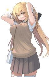 Rule 34 | 1girl, :q, absurdres, armpit peek, bag, blonde hair, breasts, bright pupils, brown eyes, brown skirt, brown sweater vest, controller, hair between eyes, highres, holding, holding remote control, large breasts, long hair, looking at viewer, mameroku, pleated skirt, remote control, school uniform, shokuhou misaki, short sleeves, simple background, skirt, solo, sparkling eyes, star-shaped pupils, star (symbol), sweater vest, symbol-shaped pupils, toaru kagaku no mental out, toaru kagaku no railgun, toaru majutsu no index, tokiwadai school uniform, tongue, tongue out, white background, yellow pupils