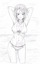 Rule 34 | 10s, 1girl, armpits, arms behind head, arms up, bikini, breasts, chouno ami, cleavage, closed mouth, cloud, cloudy sky, commentary, cowboy shot, day, front-tie bikini top, front-tie top, girls und panzer, gluteal fold, graphite (medium), greyscale, highres, jewelry, large breasts, leaning forward, leaning to the side, looking at viewer, makicha (sasurainopink), monochrome, navel, necklace, ocean, outdoors, pearl necklace, short hair, sky, smile, solo, standing, string bikini, swept bangs, swimsuit, traditional media, wading