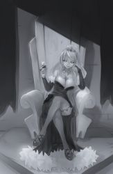 Rule 34 | 1girl, between breasts, breasts, bridal gauntlets, cleavage, cross, cross necklace, cup, dress, drinking glass, elbow gloves, female focus, gloves, high heels, highres, jewelry, jiffic, large breasts, crossed legs, monochrome, monster girl encyclopedia, necklace, sitting, solo, thighhighs, throne, tiara, wight (monster girl encyclopedia), wine glass
