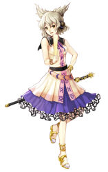 Rule 34 | 1girl, bare arms, belt, bracelet, earmuffs, female focus, hand on own hip, headphones, jewelry, looking at viewer, lots of jewelry, natsume k, open mouth, ritual baton, shirt, silver hair, simple background, skirt, sleeveless, sleeveless shirt, smile, solo, standing, standing on one leg, sword, touhou, toyosatomimi no miko, weapon, white background, yellow eyes