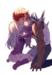 Rule 34 | 1boy, 1girl, absurdres, blood, blood on arm, blood on clothes, blood on face, boots, brother and sister, creat (kuribeni), emiya shirou, fate/stay night, fate (series), hand on another&#039;s face, heaven&#039;s feel, highres, illyasviel von einzbern, injury, kneeling, light, red hair, siblings, simple background, skirt, sword, torn clothes, weapon, white background, white hair, yellow eyes