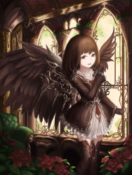 Rule 34 | 1girl, bad id, bad pixiv id, black gloves, boots, brown dress, brown eyes, brown hair, brown wings, clenched hand, couch, dress, flower, gloves, highres, indoors, knee boots, long sleeves, microsoft windows, rinmmo, smile, solo, standing, wings