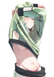 Rule 34 | 1girl, absurdres, arknights, arms up, breasts, character request, clothes lift, cowboy, green eyes, green sweater, groin, hair between eyes, highleg, highleg panties, highres, large breasts, lifted by self, looking at viewer, monmon (sleepymonmon), navel, panties, red panties, ribs, shirt lift, solo, sweater, underboob, underwear, undressing, western, white background