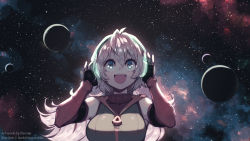 Rule 34 | 1girl, arie (starline), black gloves, blue eyes, breasts, commentary, detached sleeves, elbow gloves, english commentary, eyelashes, gloves, happy, headphones, highres, large breasts, long hair, open mouth, parororo, pink hair, planet, silver hair, solo, space, star (symbol), starline, starry background, teeth, turtleneck, upper teeth only, wings, zipper pull tab