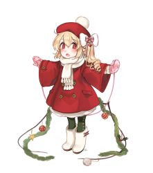 Rule 34 | 1girl, :o, absurdres, aged down, beret, blonde hair, blush, boots, bow, christmas ornaments, coat, commentary request, fangs, flandre scarlet, green pantyhose, hair between eyes, hair bow, hat, highres, long hair, long sleeves, looking at viewer, mittens, outstretched arms, pantyhose, parted lips, pink mittens, pocket, rabbit, red coat, red eyes, red hat, scarf, shan, side ponytail, simple background, solo, spread arms, standing, star (symbol), touhou, white background, white bow, white footwear, white scarf, wide sleeves