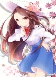 Rule 34 | 1girl, bad id, bad pixiv id, brown hair, finger to mouth, flower, hand on own hip, hat, heart, highres, idolmaster, idolmaster (classic), leaning forward, long hair, looking at viewer, minase iori, red eyes, shushing, solo, udon (improvisation)