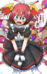 Rule 34 | 1girl, alternate costume, antenna hair, bad id, bad pixiv id, bird wings, blush, gloves, green eyes, head wings, highres, kemono friends, looking at viewer, maid cafe, open mouth, pantyhose, rakugakiraid, red hair, ribbon, short hair, solo, suzaku (kemono friends), translation request, white pantyhose, wings