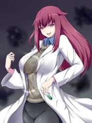 Rule 34 | 1girl, black background, breasts, collared shirt, commentary request, contrail, cowboy shot, glowing, glowing eyes, hair between eyes, half-closed eyes, highres, holding, holding test tube, lab coat, large breasts, long hair, looking at viewer, mon-musu quest!, open mouth, promestein, raichi (ddq0246), red eyes, red hair, shirt, sidelocks, simple background, smile, solo, sweater, test tube, wing collar