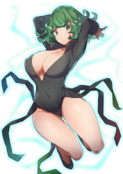 Rule 34 | 1girl, alternate breast size, black dress, breasts, cleavage, curly hair, dress, energy, covered erect nipples, female focus, floating, green eyes, green hair, high heels, highres, large breasts, looking at viewer, matching hair/eyes, megamegahhhh, one-punch man, short hair, solo, tatsumaki, thighs, white background
