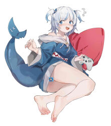 Rule 34 | 1girl, absurdres, barefoot, blue eyes, blue hair, blue hoodie, censored, commentary, controller, facing viewer, feet, fins, fish tail, flying sweatdrops, full body, game controller, gawr gura, grey hair, hand up, highres, holding, holding controller, holding game controller, hololive, hololive english, hood, hood down, hoodie, legs, long sleeves, looking ahead, multicolored hair, no panties, novelty censor, off shoulder, open mouth, pillow, reclining, shark tail, sharp teeth, short hair, simple background, soles, solo, streaked hair, sweatdrop, symbol-only commentary, tail, teeth, thighs, toes, two side up, virtual youtuber, whaleares19, white background